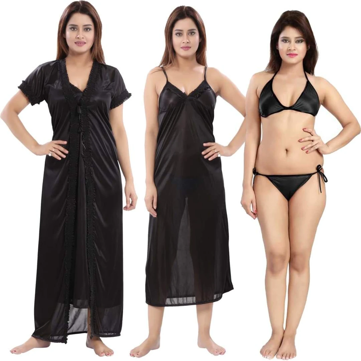 4Pcs Ladies Stylish Comfortable Wire Satin Adjustable Night Dress Set - Black