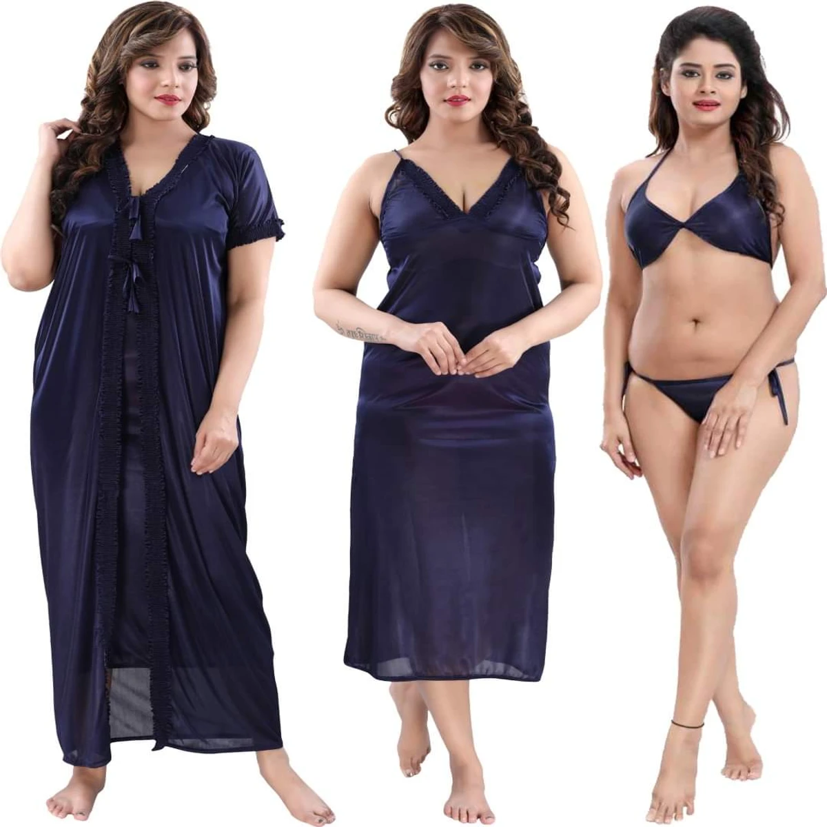 4Pcs Ladies Stylish Comfortable Wire Satin Adjustable Night Dress Set - Blue