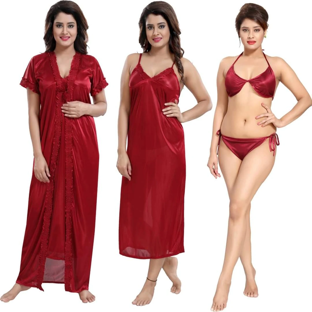 4Pcs Ladies Stylish Comfortable Wire Satin Adjustable Night Dress Set - Red1