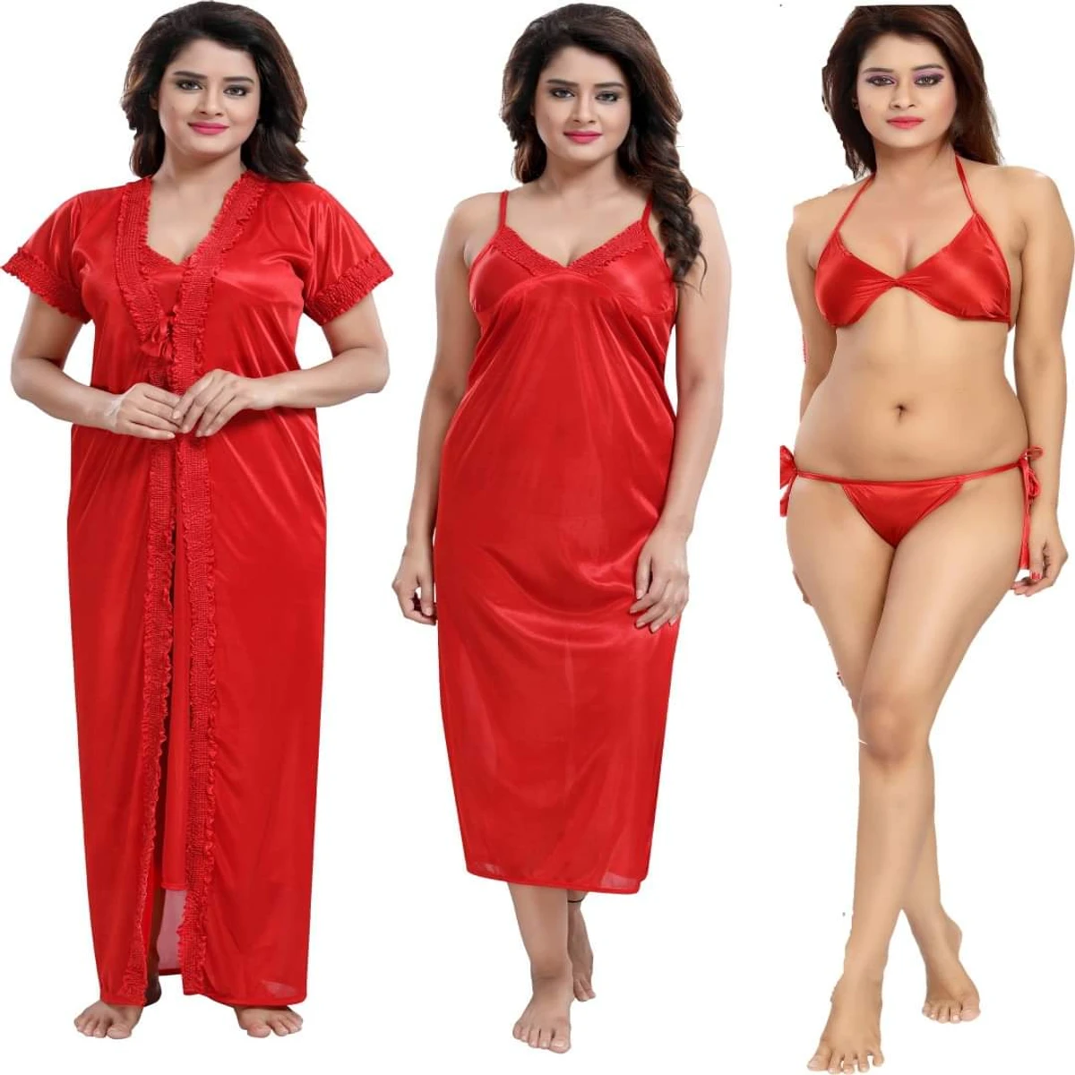 4Pcs Ladies Stylish Comfortable Wire Satin Adjustable Night Dress Set - Red