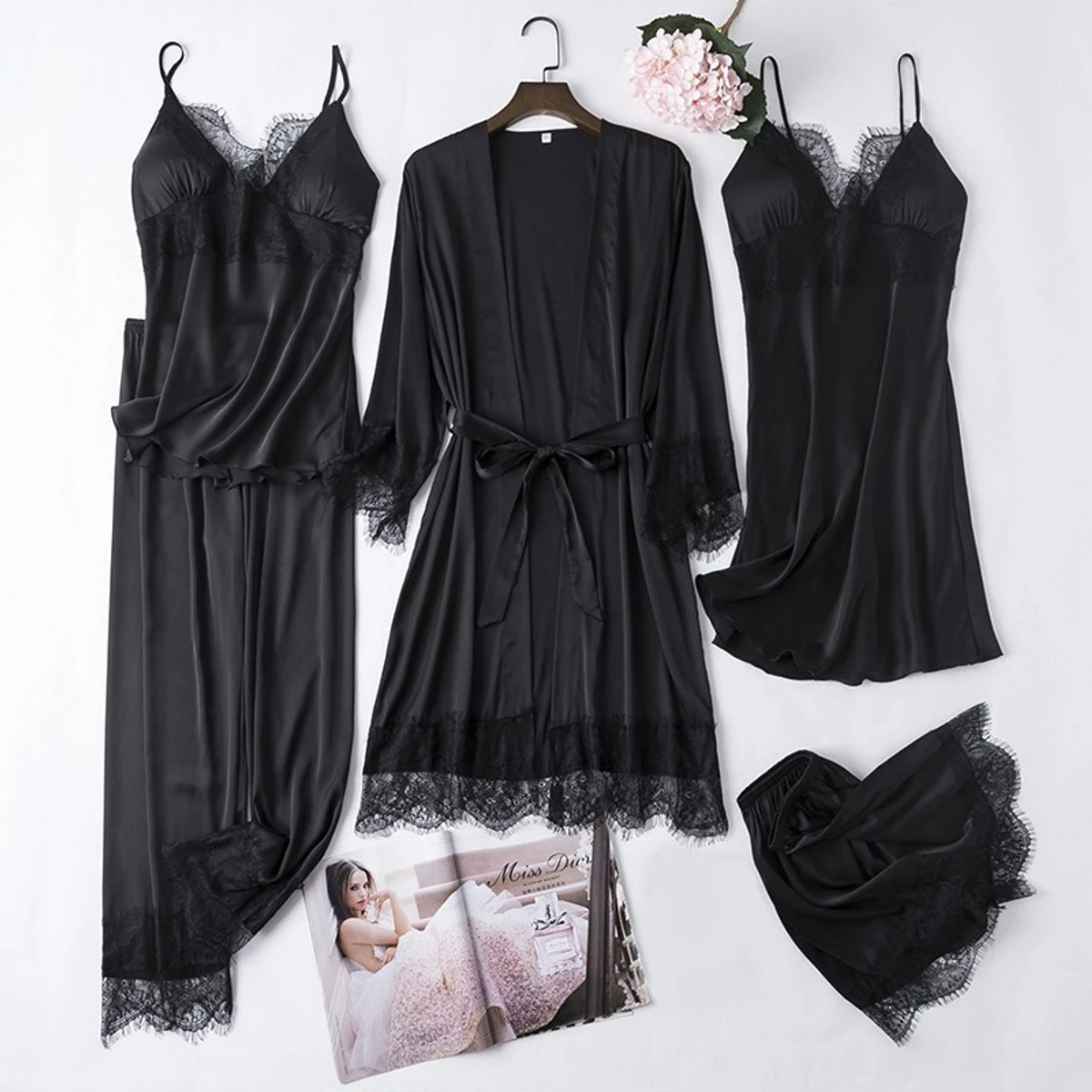 5Pcs Ladies Stylish Comfortable Wire Satin Adjustable Night Dress Set - Black