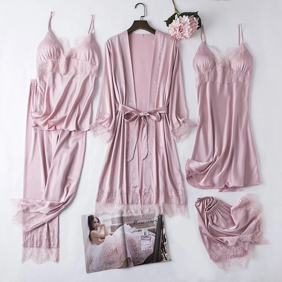 5Pcs Ladies Stylish Comfortable Wire Satin Adjustable Night Dress Set - Pink