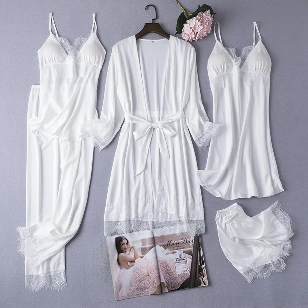 5Pcs Ladies Stylish Comfortable Wire Satin Adjustable Night Dress Set - White