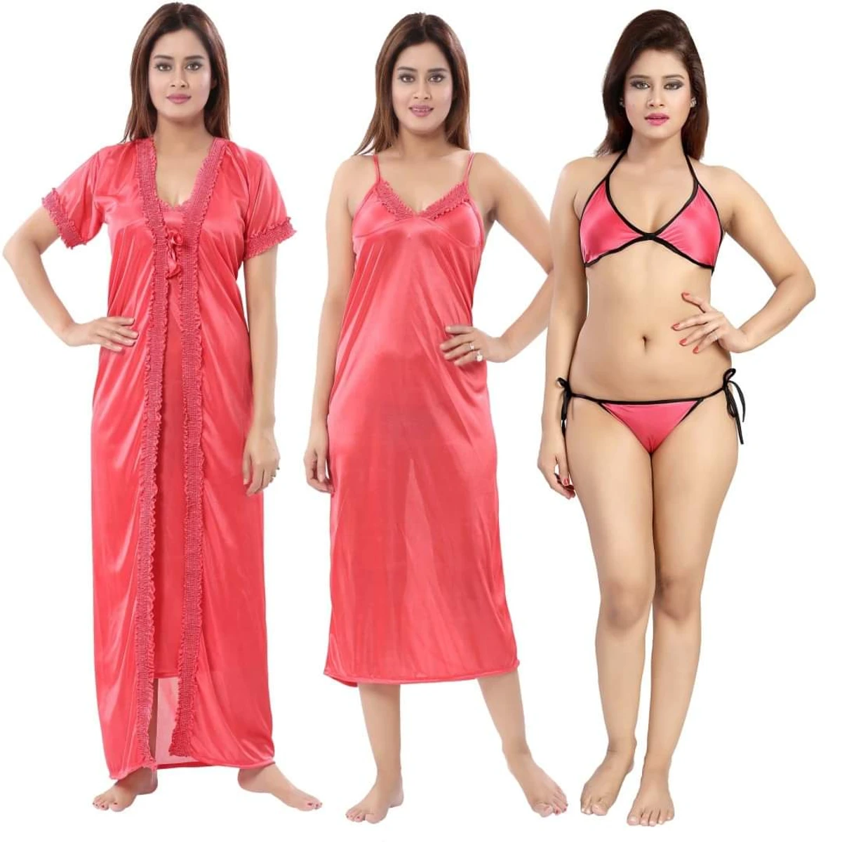 4Pcs Ladies Stylish Comfortable Wire Satin Adjustable Night Dress Set - Pink