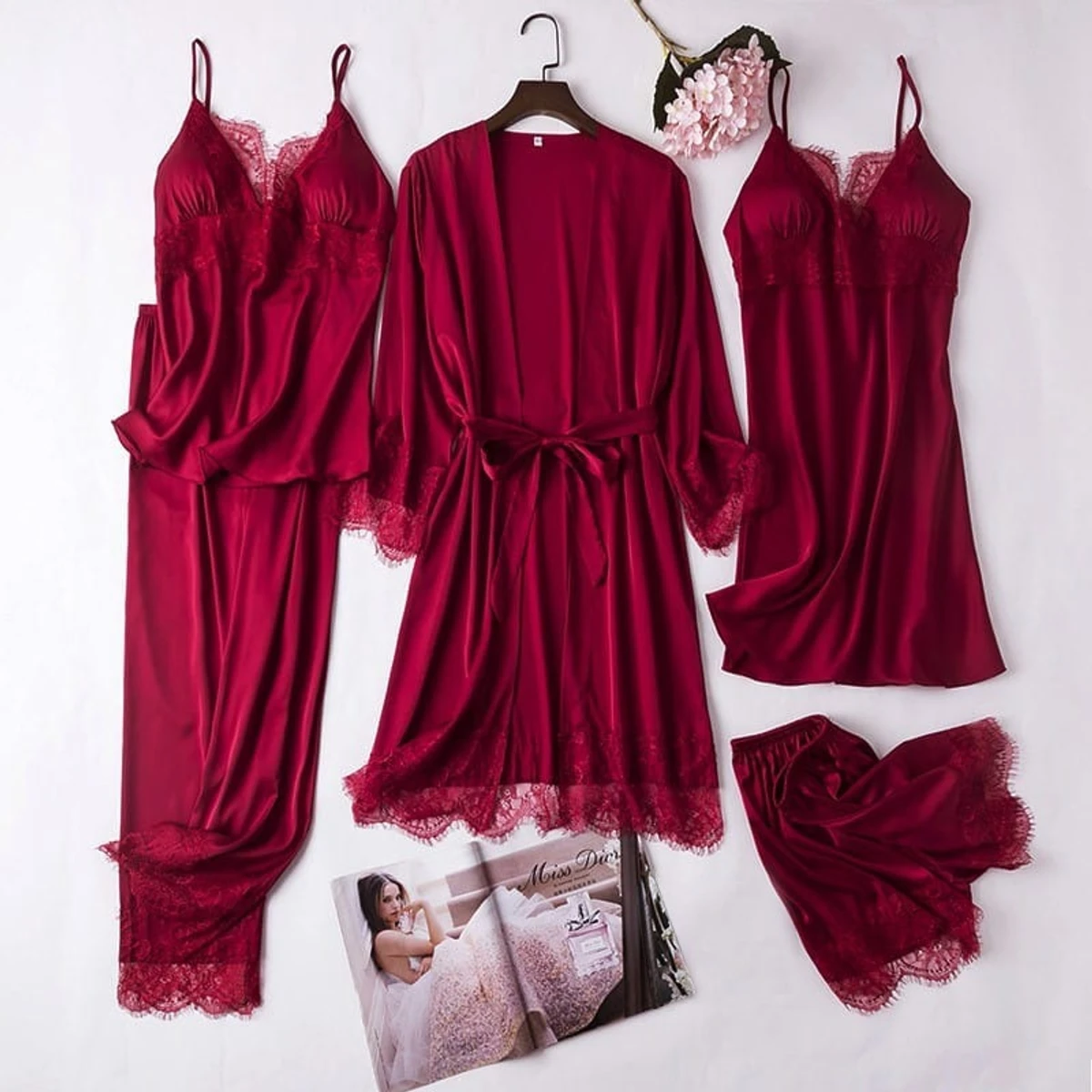 5Pcs Ladies Stylish Comfortable Wire Satin Adjustable Night Dress Set - Red