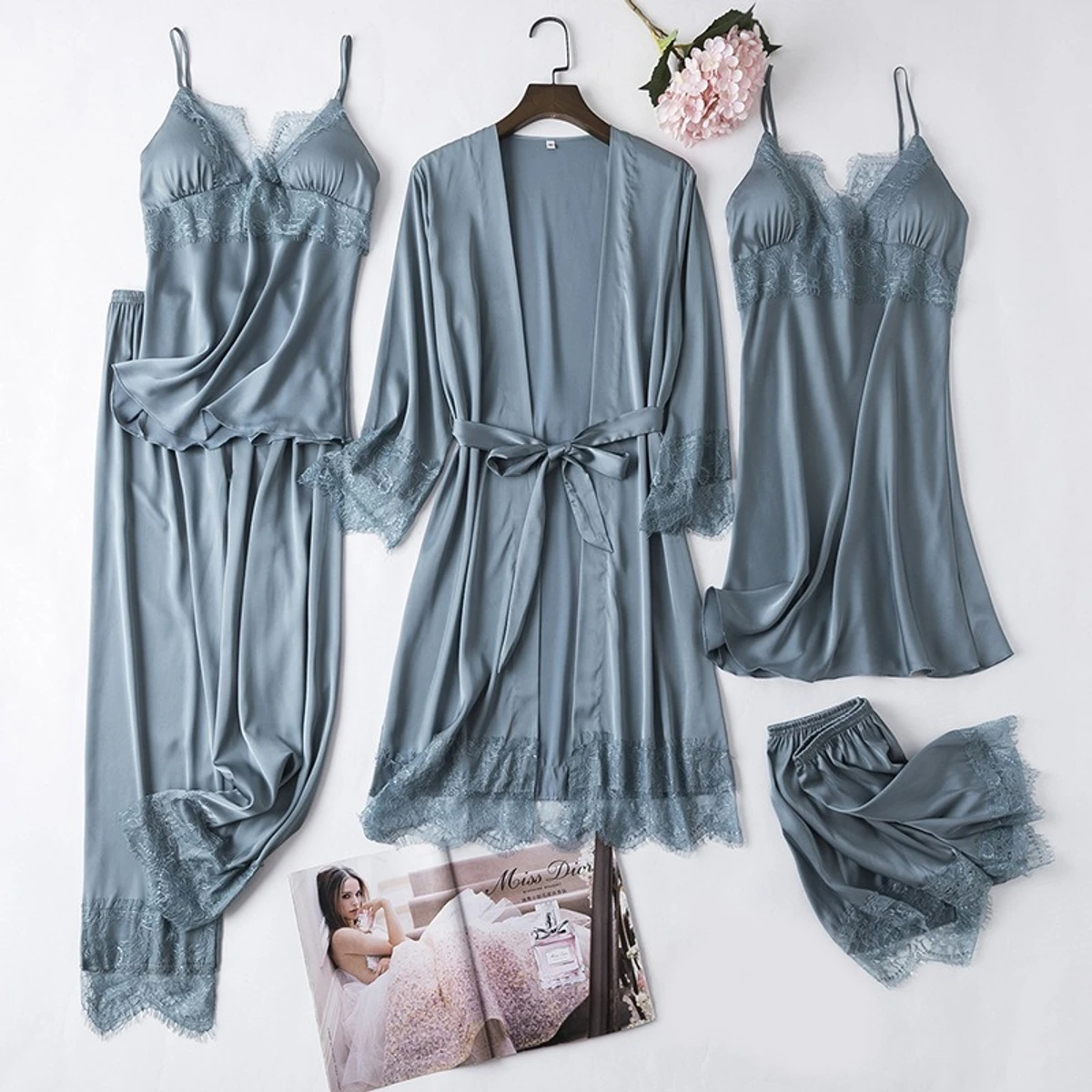 5Pcs Ladies Stylish Comfortable Wire Satin Adjustable Night Dress Set - Gray