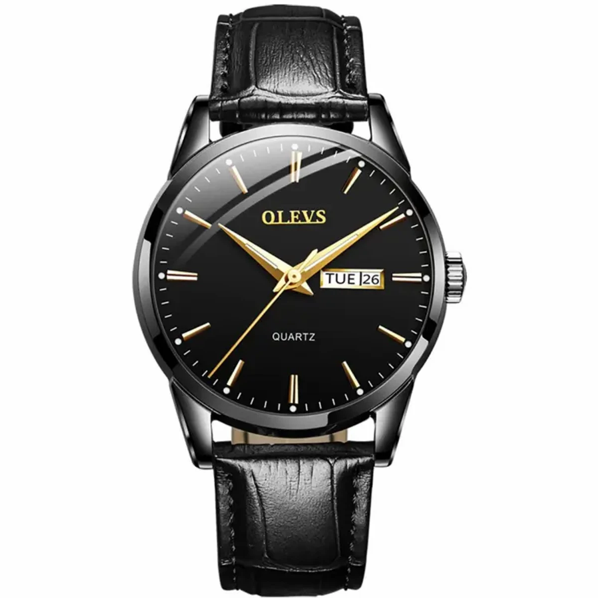 Olevs PU Leather Wrist Watch For Men - Black