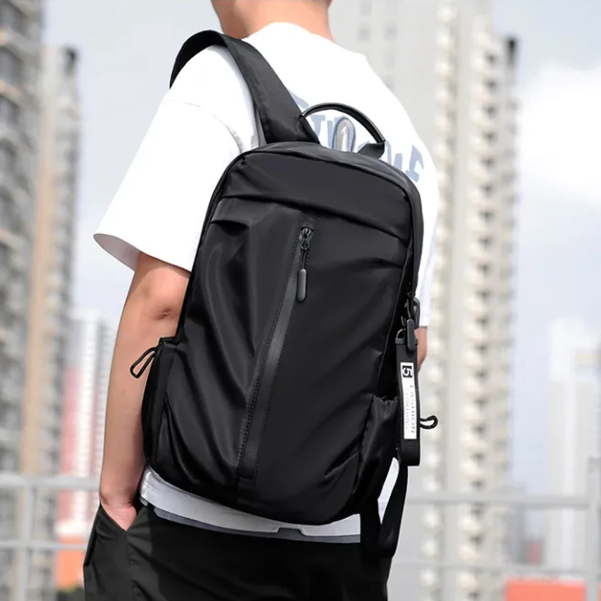 USB Backpack Men Nylon Waterproof Travel Bag With Wallet