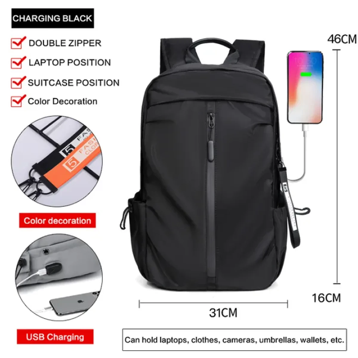 USB Backpack Men Nylon Waterproof Travel Bag With Wallet