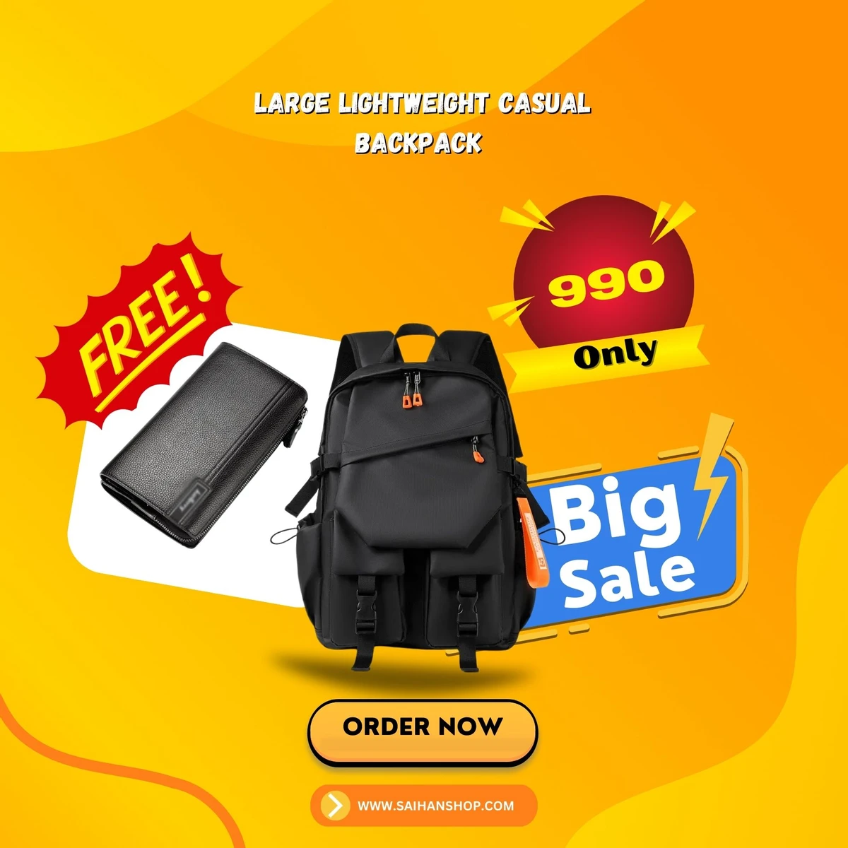 Large Lightweight Casual Backpack Zipper Daypack With Free Wallet
